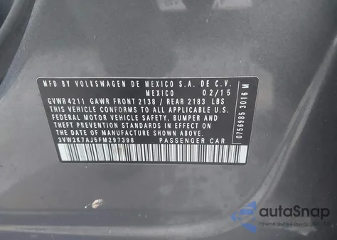 2015 Volkswagen Jetta 2.0L S из США, поврежденный, VIN 3VW2K7AJ5FM297398